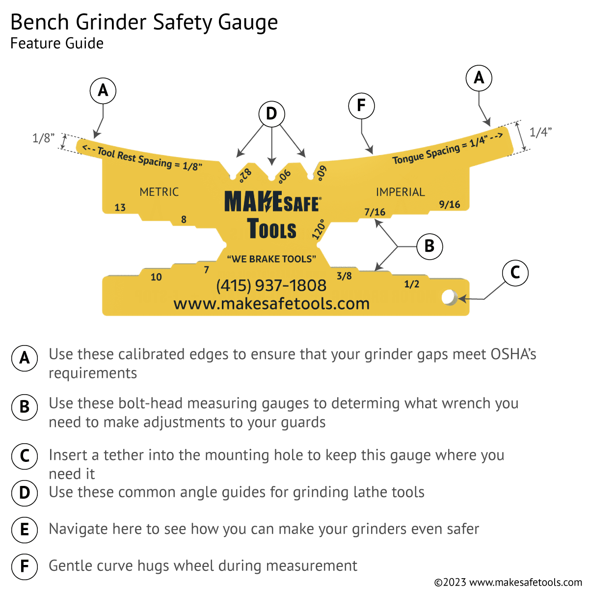 Bench grinder safety gauge, individual features. Includes gauge for tongue and tool rest.