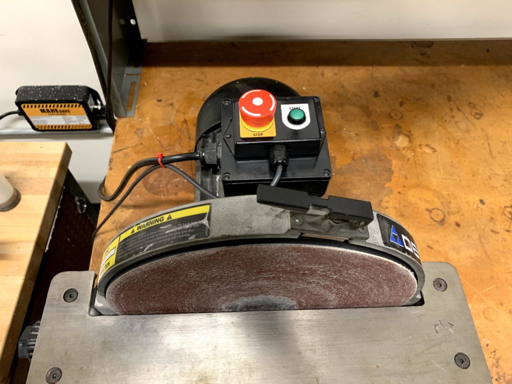 MAKESafe Power Tool Brake, e-stop, and power outage protection installed on disc sander at Rockefeller University