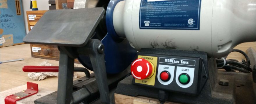 MAKESafe Power Tool Brake, e-stop, and power outage protection installed on bench grinder
