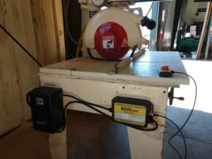 MAKESafe Power Tool Brake, e-stop, and power outage protection installed on radial arm saw - brake unit