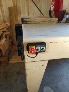 MAKESafe Power Tool Brake, e-stop, and power outage protection installed on radial arm saw - control panel