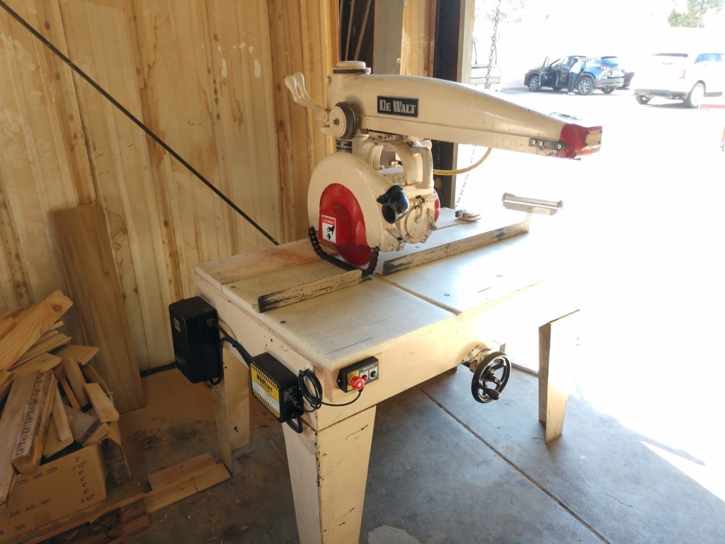 MAKESafe Power Tool Brake, e-stop, and power outage protection installed on radial arm saw