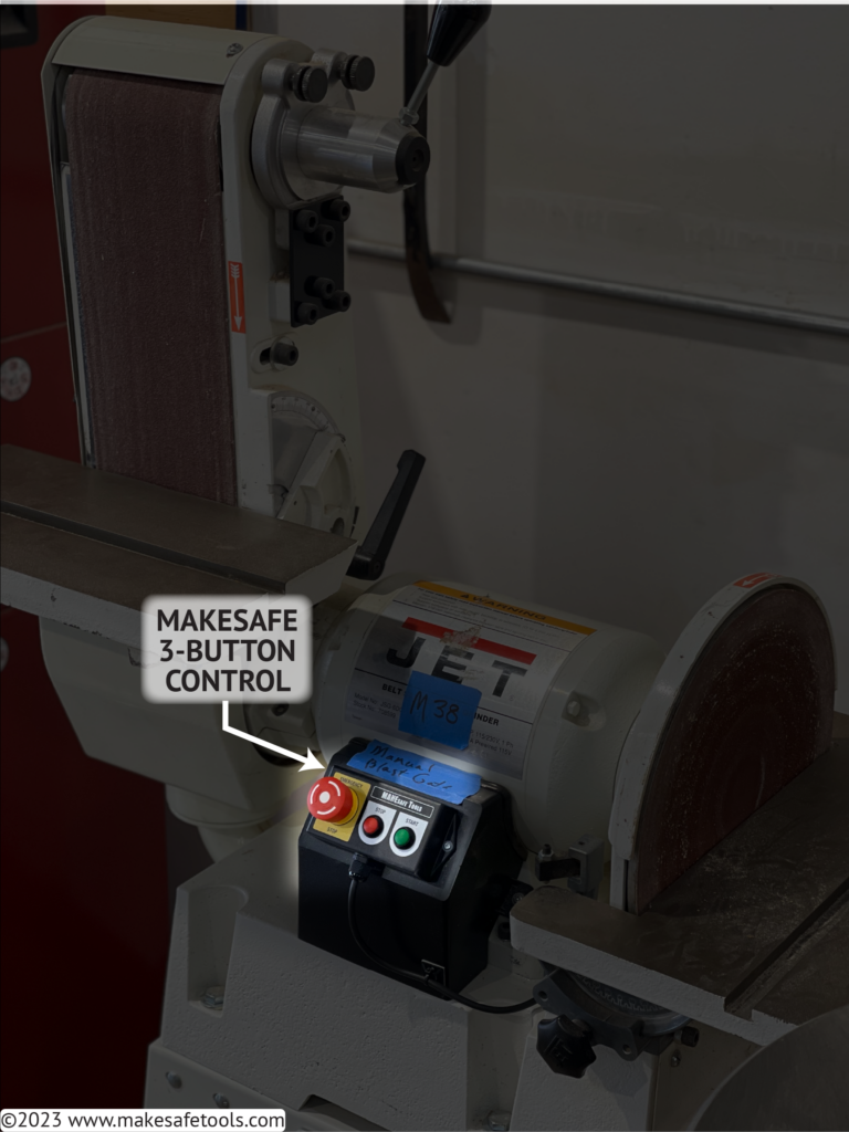 An image of a JSG-6DC Disk Sander and Belt Sander with a highlight showing off our 3 button control panel