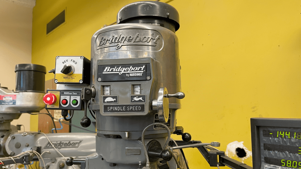 Customer Install Photo of MAKESafe 3-Button Control Assembly mounted to existing Bridgeport Milling Machine